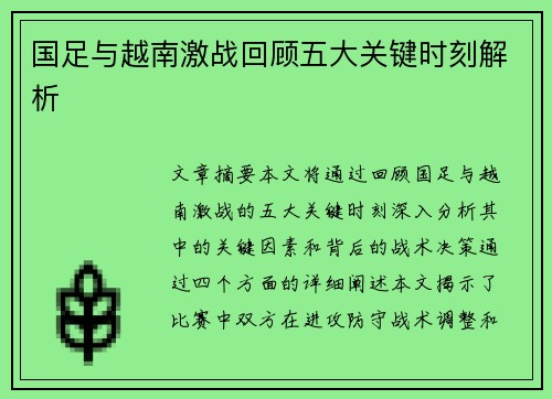 国足与越南激战回顾五大关键时刻解析